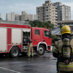 Viatura do Corpo de Bombeiros Militar em frente a uma unidade operacional em Criciúma