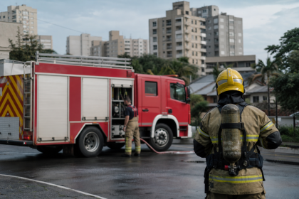 Viatura do Corpo de Bombeiros Militar em frente a uma unidade operacional em Criciúma